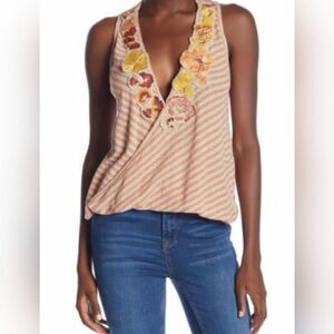 Free People Women's Beige/Red Striped Surplice Tank Top Stripes NWT Size S